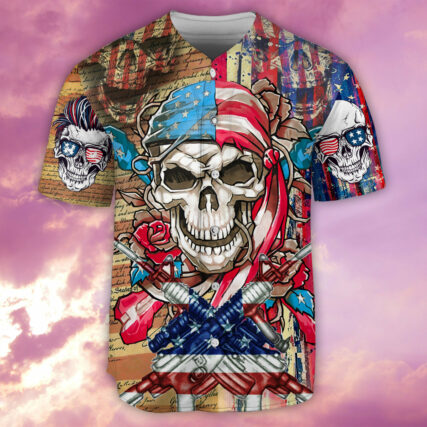 Skull Patriotic Flower America - Baseball Jersey - Owl Ohh - Owl Ohh