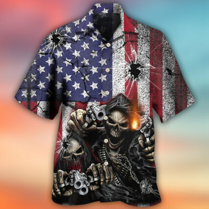 Skull Shot Gun American Flag Vintage - Hawaiian Shirt - Owl Ohh - Owl Ohh