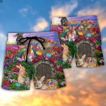 Easter Rabbit Chilling In The Flower Landscape Watercolor Style - Beach Short - Owl Ohh - Owl Ohh