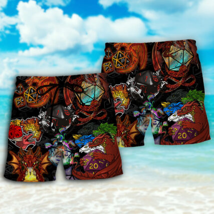 D20 And Fire Dragon Art - Beach Short - Owl Ohh - Owl Ohh