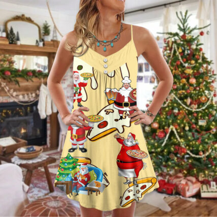 Christmas Santa Eating Pizza. It's Yummy - V-neck Sleeveless Cami Dress - Owl Ohh - Owl Ohh
