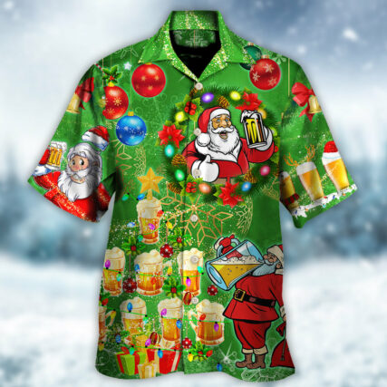 Christmas Funny Santa Claus Drinking Beer Happy Christmas Tree Green Light - Hawaiian Shirt - Owl Ohh - Owl Ohh