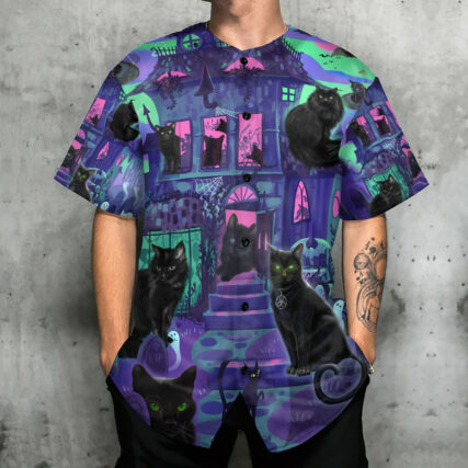 Black Cat In A Haunted House - Baseball Jersey - Owl Ohh - Owl Ohh