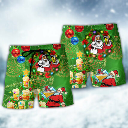 Christmas Funny Santa Claus Drinking Beer Happy Christmas Tree Green Light - Beach Short - Owl Ohh - Owl Ohh