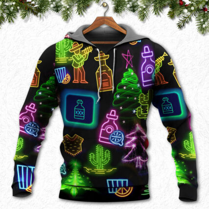 Wine Tequila Christmas Neon Art Drinking - Hoodie - Owl Ohh - Owl Ohh