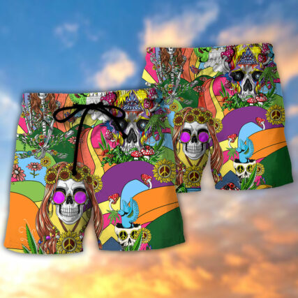 Hippie Skull Peace Life Color So Funny - Beach Short - Owl Ohh - Owl Ohh