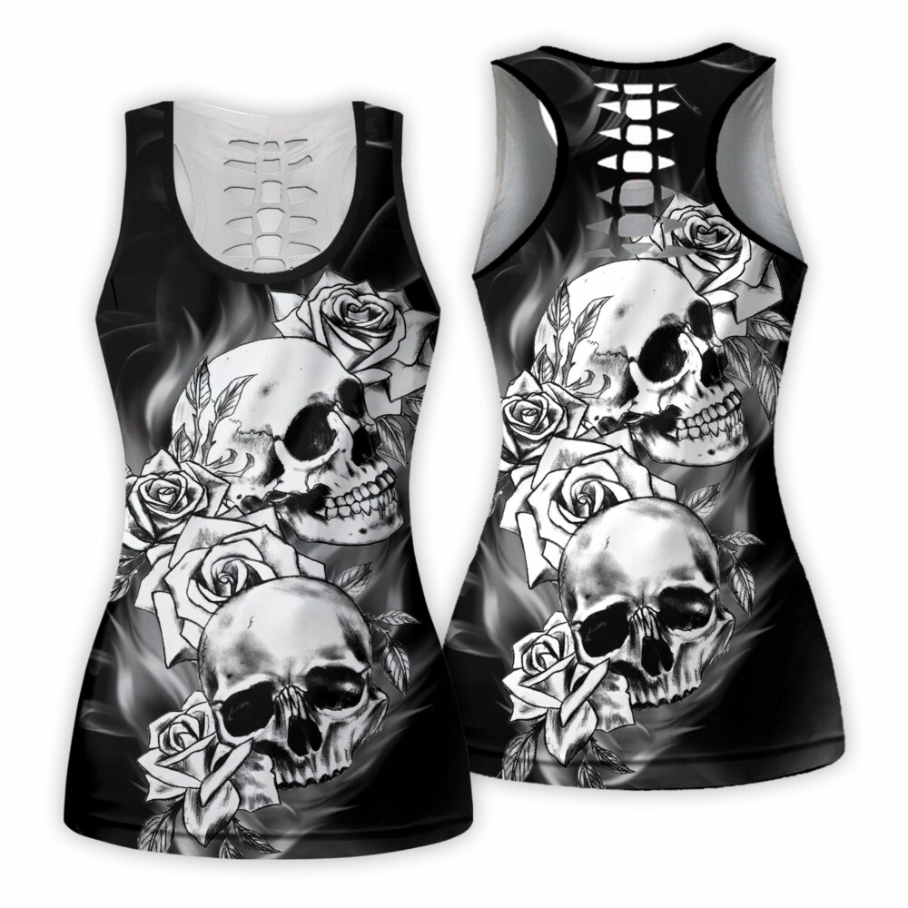 Skull And Rose Black And White Color - Tank Top Hollow - Owl Ohh - Owl Ohh