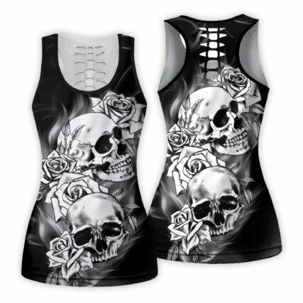 Skull And Rose Black And White Color - Tank Top Hollow - Owl Ohh - Owl Ohh