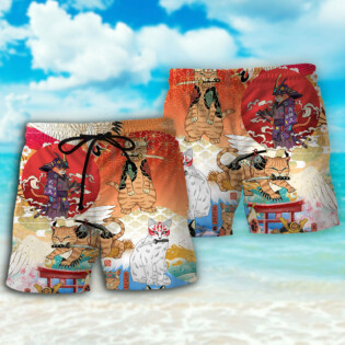 Samurai Cat Funny Art Japanese - Beach Short - Owl Ohh - Owl Ohh