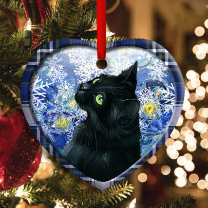 Christmas Black Cat Stary Snowy Night - Heart Ornament - Owl Ohh - Owl Ohh