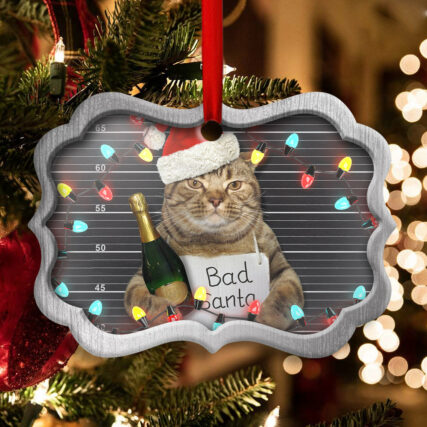 Christmas Cat Bad Santa Champagne And Santa Hat - Horizontal Ornament - Owl Ohh - Owl Ohh