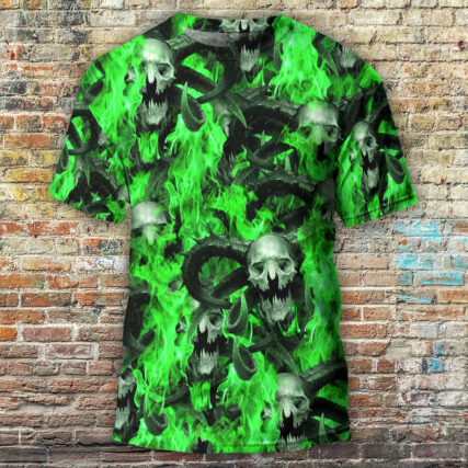 Skull Green Flame Burn - Round Neck T-shirt - Owl Ohh - Owl Ohh