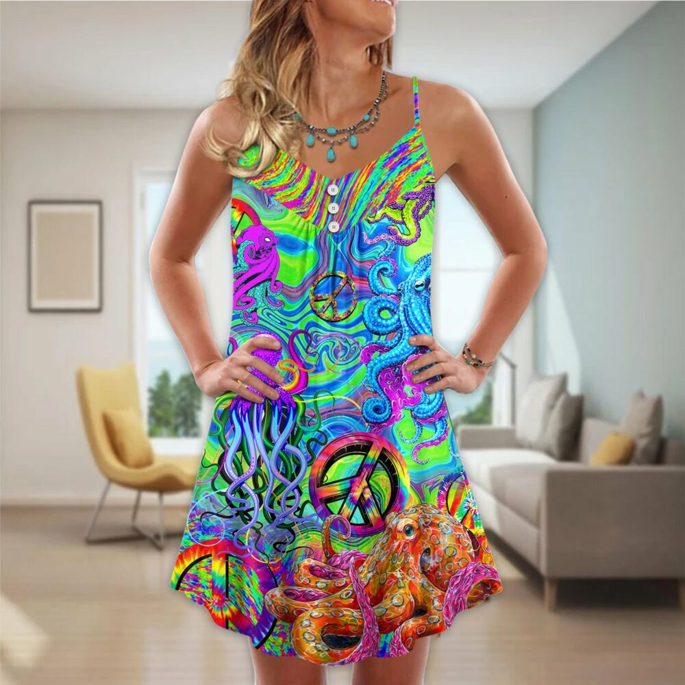 Hippie Funny Octopus Colorful Tie Dye - V-neck Sleeveless Cami Dress - Owl Ohh - Owl Ohh