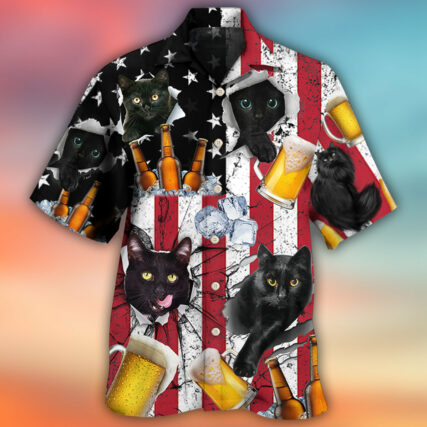 Beer And Black Cat American Flag Vintage - Hawaiian Shirt - Owl Ohh - Owl Ohh