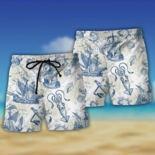 Ocean Life Vintage Sailboat Sea Monster Geographical Maps - Beach Short - Owl Ohh - Owl Ohh