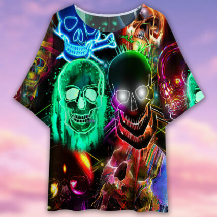 Skull Glowing Colorful Lighting - Women's T-shirt With Bat Sleeve - Owl Ohh - Owl Ohh