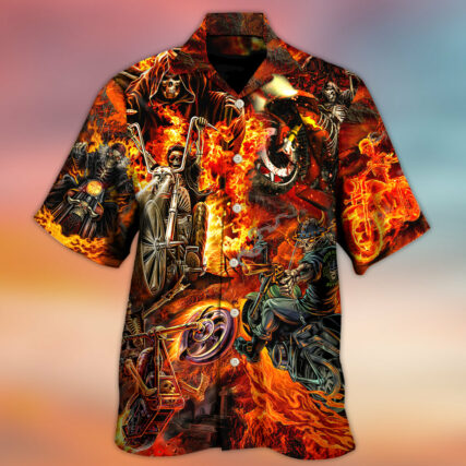 Motorcycle Lover Skull Fire Burning Art Style - Hawaiian Shirt - Owl Ohh - Owl Ohh
