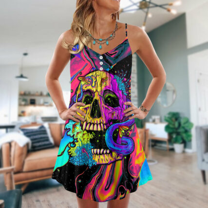 Skull And Moth Night Butterfly Neon Style - V-neck Sleeveless Cami Dress - Owl Ohh - Owl Ohh