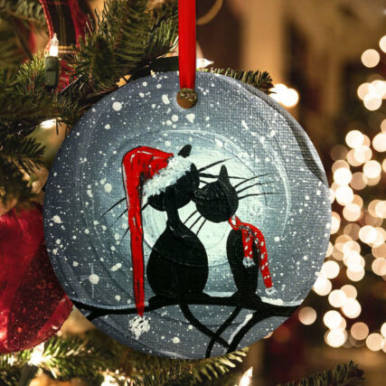 Christmas Cat Couple Lover With Moon - Circle Ornament - Owl Ohh - Owl Ohh