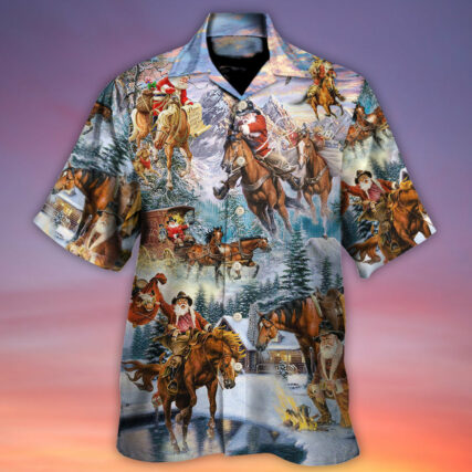 Christmas Santa Claus Riding Horse Snow Mountain Art Style - Hawaiian Shirt - Owl Ohh - Owl Ohh