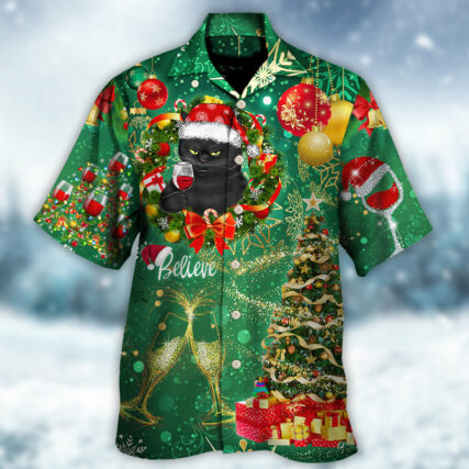 Christmas Black Cat Drinking Happy Christmas Tree Green Light - Hawaiian Shirt - Owl Ohh - Owl Ohh