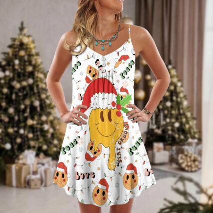 Christmas Hippie Groovy Santa Claus Smile Face - V-neck Sleeveless Cami Dress - Owl Ohh - Owl Ohh