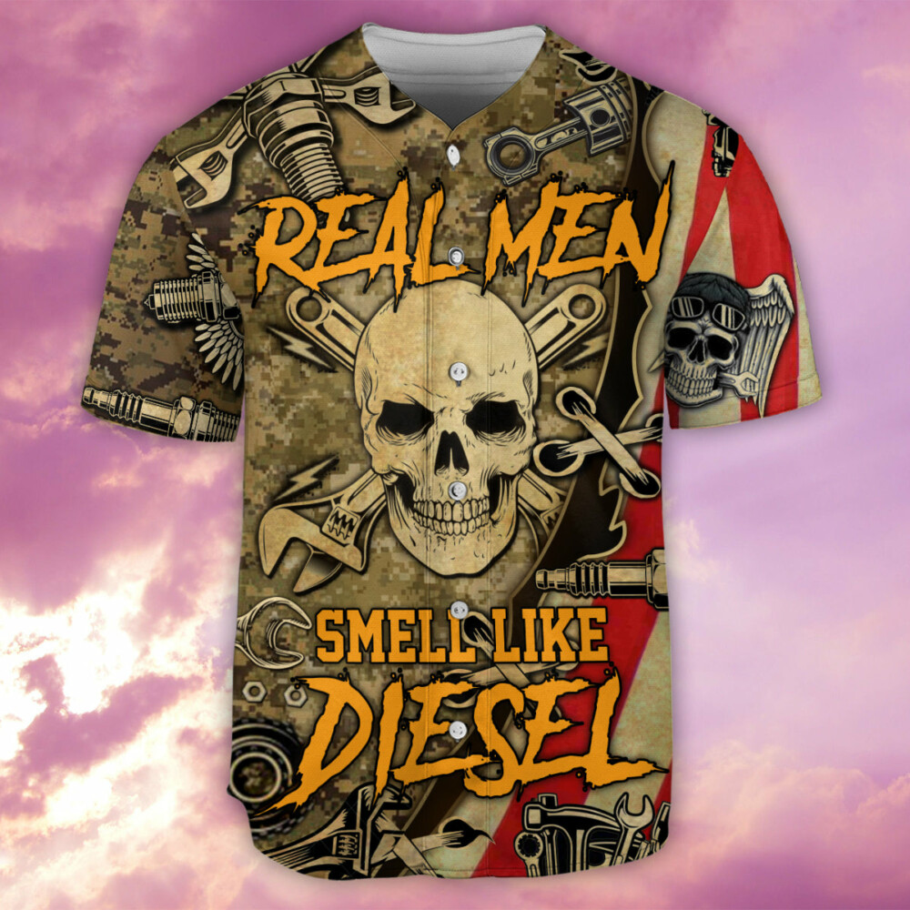 Skull Real Men Smell Like Diesel - Baseball Jersey - Owl Ohh - Owl Ohh