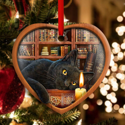 Christmas Black Cat Funny Lover Book Library Decor Tree Hanging - Heart Ornament - Owl Ohh - Owl Ohh
