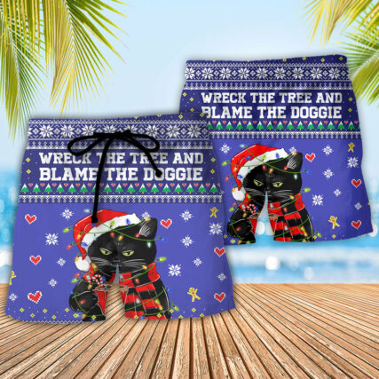 Black Cat Wreck The Tree Christmas - Beach Short - Owl Ohh - Owl Ohh