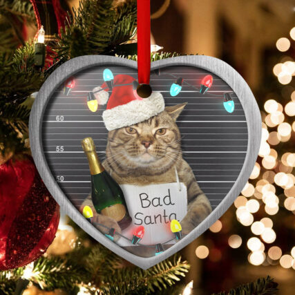 Christmas Cat Bad Santa Champagne And Santa Hat - Heart Ornament - Owl Ohh - Owl Ohh