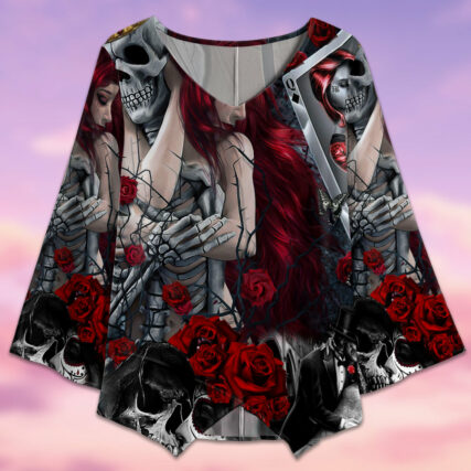 Skull Love Is Life Rose - V-neck T-shirt - Owl Ohh - Owl Ohh