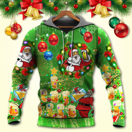 Christmas Funny Santa Claus Drinking Beer Happy Christmas Tree Green Light - Hoodie - Owl Ohh - Owl Ohh