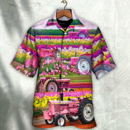 Tractor In Field Tulip Rural Landscape Majestically - Hawaiian Shirt - Owl Ohh - Owl Ohh