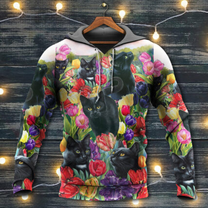 Black Cat Love Flowers Colorful - Hoodie - Owl Ohh - Owl Ohh