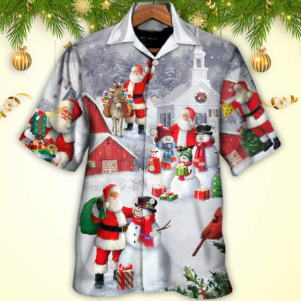 Christmas Santa Claus With Snowman Family In The Town Art Style - Hawaiian Shirt - Owl Ohh - Owl Ohh