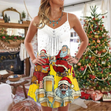 Christmas Santa I Want More Beer - V-neck Sleeveless Cami Dress - Owl Ohh - Owl Ohh
