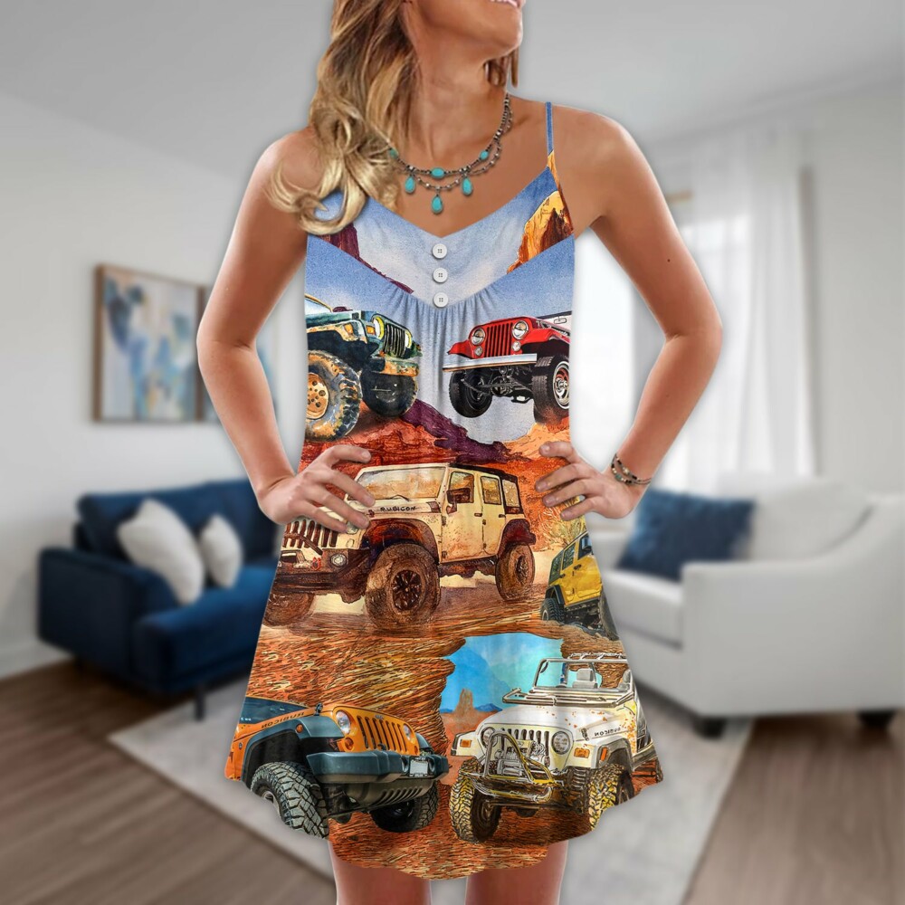 Jeep In The Desert Vintage Art Style - V-neck Sleeveless Cami Dress - Owl Ohh - Owl Ohh