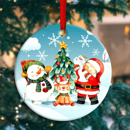 Christmas Santa Snowman And Deer Happy Together - Circle Ornament - Owl Ohh - Owl Ohh