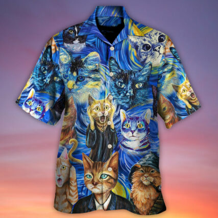 Cat Starry Night Funny Cat Painting Art Style - Hawaiian Shirt - Owl Ohh - Owl Ohh