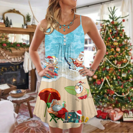 Christmas Santa Play On Beach - V-neck Sleeveless Cami Dress - Owl Ohh - Owl Ohh