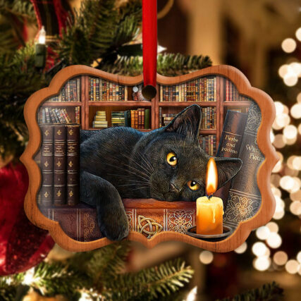 Christmas Black Cat Funny Lover Book Library Decor Tree Hanging - Horizontal Ornament - Owl Ohh - Owl Ohh