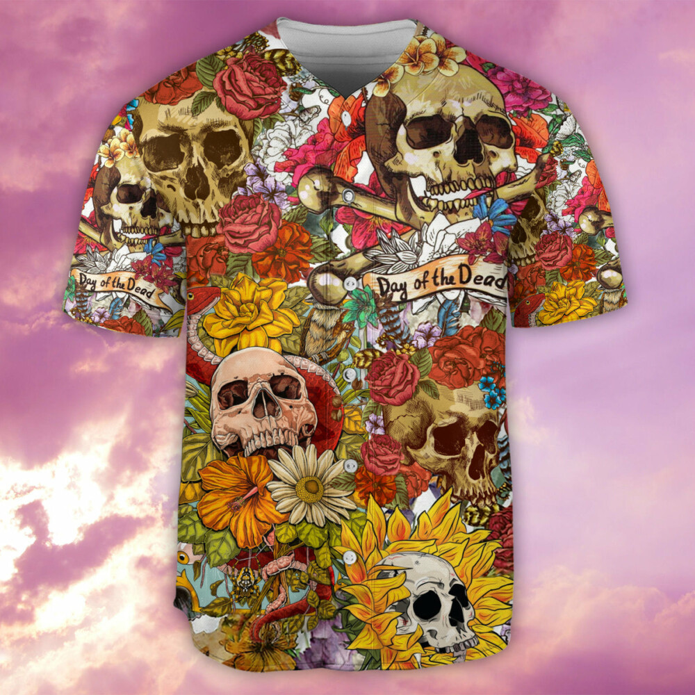 Skull Day Of The Dead Flower Skull - Baseball Jersey - Owl Ohh - Owl Ohh