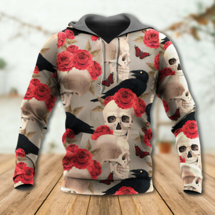 Skull With Rose Flower And Raven Gothic Style- Hoodie - Owl Ohh - Owl Ohh