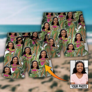 Black Woman Face Amazing Tropical Leaves Custom Photo - Beach Short - Owl Ohh - Owl Ohh
