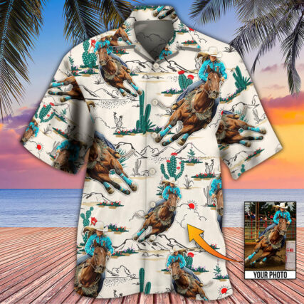 Cowboy Barrel Racing Tropical Desert Custom Photo - Hawaiian Shirt - Owl Ohh - Owl Ohh