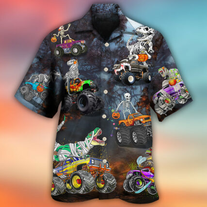 Halloween Skeleton Dinosaur Driving Monster Truck - Hawaiian Shirt - Owl Ohh - Owl Ohh