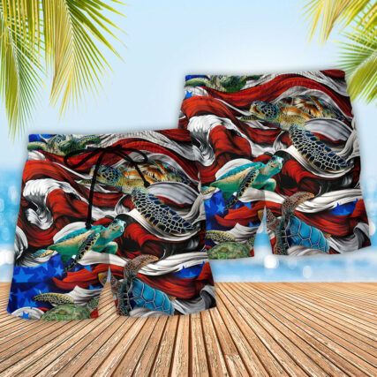 Turtle Independence Day Swimming In The American Flag - Beach Short - Owl Ohh - Owl Ohh