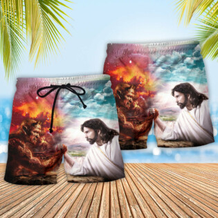 Wrestling Arm Wrestling Jesus vs Satan - Beach Short - Owl Ohh - Owl Ohh