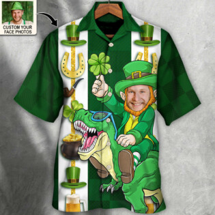 ST Patrick's Day Leprechaun Riding Dinosaur Funny Custom Photo Personalized - Hawaiian Shirt - Personalized Photo Gifts for men and women, kids - Owl Ohh