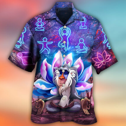 Monkey Mandrill Monkey Yoga Pose Lotus Flower Lighting Neon - Hawaiian Shirt - Owl Ohh - Owl Ohh